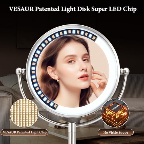 VESAUR 9.1" Large 5000mAh Rechargeable Lighted Makeup Mirror Nickel, 1X/10X/20X HD Magnifying with Compact Suction Mirror, 3 Color Dimmable Light, 360¡ÆSwivel Seamless Vanity Mirror, Gift Box