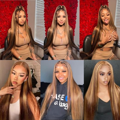 26inch Ombre Lace Front Wig Human Hair Highlight 13x6 Straight Lace Front Wigs 180% Density 4/27 Colored Honey Blonde Lace Frontal Wigs