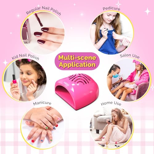 AIRSEE Kids Nail Dryer, Portable Nail Dryer, Mini Nail Fan for Regular Nail Polish - Birthday, Christmas, Party Gift for Grils, Battery Operated, DIY nail art, No Harmful, Two stickers included (Pink)