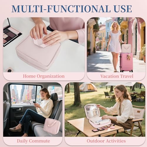 GLINT & GLIDE Travel Makeup Bag with Mirror-Hanging Toiletry Large Capacity, Organizer Toiletries Bag, Portable Cosmetic Case for Women and Girls, Pink