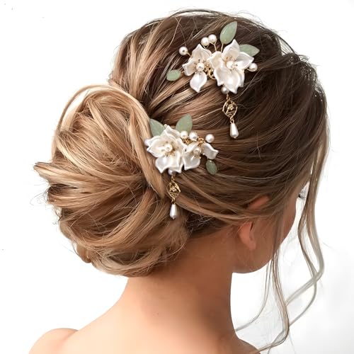 5pcs Camellia Flower Tassel Hair Pins, Vintage Chinese Rhinestones Pearl Hair Sticks, Floral Bun Updo Hair Comb Clip, Bridal Headpiece for Women Wedding, Parties - White