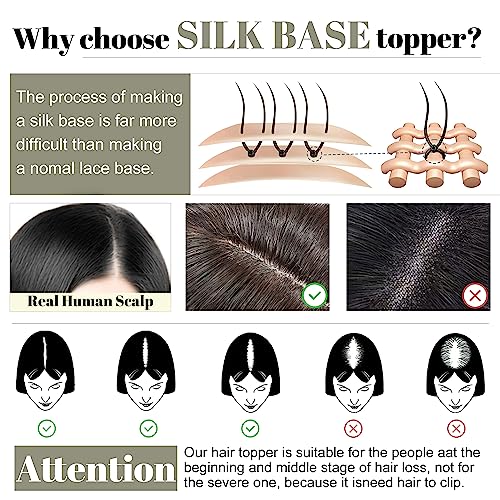 SEGO Hair Toppers for Women With Bangs Real Human Hair, 130% Density 10 * 12CM Silk Base Clip in Top Wiglet Hairpieces for Thinning Hair-10 Inch 02 Dark Brown