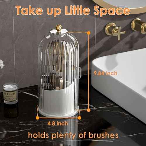 Makeup Brush Holder with Lid 360 Rotating Clear Dustproof Make Up Organizers for Vanity Bathroom Countertop, Transparent