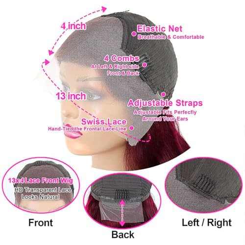 24Inch Burgundy Wig Human Hair 13X4 99J Burgundy Straight Lace Front Wigs Human Hair Pre Plucked 200% Density HD Transparent Glueless Red Burgundy Straight Wigs Human Hair for Women with Baby Hair