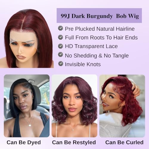 ALHER Short Bob Wig 99J Dark Burgundy, 12A Straight Small Cap 13x4 Lace Frontal Wigs Human Hair Pre Plucked With Baby Hair, Small Cap Wig Size 21-21.5 180% Density for Black Women 10 Inch