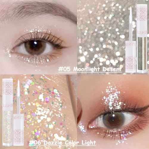 6Pcs Liquid Glitter Eyeshadow Eyeliner, Korean Makeup, Bling Under Eye Shadow, Shimmer Eye Make Up Valentine's Gift Set,Long Lasting,Quick Drying & Pigmented Loose Glitter Glue for Crystals Makeup