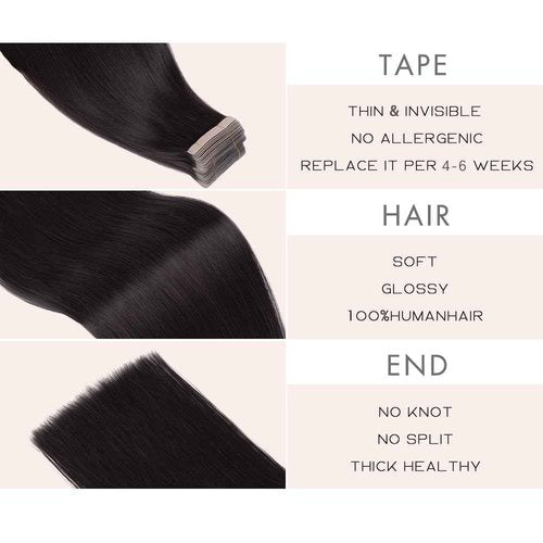 Human Hair Tape in Extensions, Natural Black Hair Extensions Real Human Hair 20 Inch 20pcs Remy Straight Tape ins Invisible Tape in Hair Extensions Human Hair (1B#,20 Inch)