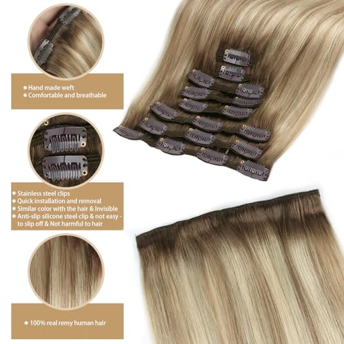 ABH AMAZINGBEAUTY HAIR Clip in Hair Extensions Ash Brown-Beach Blonde with Dark Brown Root R3-8-613 Real Human Hair Clip ins 16 Inch 8pcs/120g Real Hair Extensions For Women