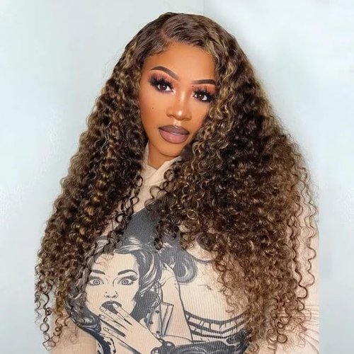 Ladoux Ombre Lace Front Wig Human Hair 13x4 HD Transparent Deep Wave for Women 180% Density 4/27 Honey Blonde Colored Highlight Curly Glueless Wigs 16Inch Pre Plucked with Baby Hair