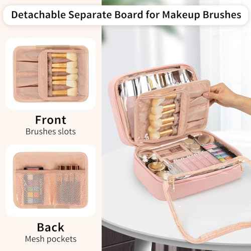 OCHEAL Makeup Bag, Makeup Travel Bag Large Capacity Cosmetic Organizer Bag with Makeup Brush Compartment & Handle for Women Girls Travel Toiletry Accessories-Pink