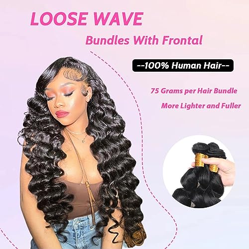 Loose Body Wave Bundles Human Hair with Frontal (14 16 18+12) 12A Grade 100% Body Wave Human Hair Extensions 13x4 Lace Frontal Human Hair 180% Density Natural Black