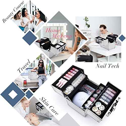 FRENESSA Makeup Train Case Makeup Organizer Box Portable Cosmetic Travel Case with Lock 4 Trays Aluminum Hard Vanity Box Make Up Artist Nail Beauty Storage Organizer Cosmetic Suitcase Bright Silver