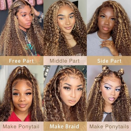 Highlight Ombre 13x4 HD Lace Front Human Hair Wig 26 inch 4/27 Deep Wave 180% Density Honey Blonde Curly Glueless Lace Frontal Wig For Women Pre Plucked with Baby Hair