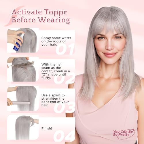 SEGO Grey Hair Toppers for Women Real Human Hair With Bangs, 7 * 13 CM Silk Base Clip In Topper Wiglet, Top Pieces for Women with Thinning Hair -6 Inch #G1 Silver Grey