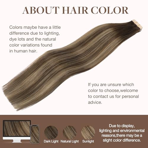 GOO GOO Tape in Hair Extensions Human Hair, 4/27/4 Balayage Chocolate Brown to Caramel Blonde, 20inch 100g 40pcs, Skin Weft Seamless Invisible, Silky Straight with Thick Ends, Remy Human Hair