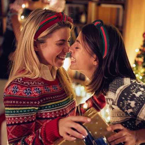 2 Pcs Christmas Headbands for Women - Red Green Ribbon Holiday Knot Hair Hoops, Xmas Festive Gift Hair Accessory (Red&Black)