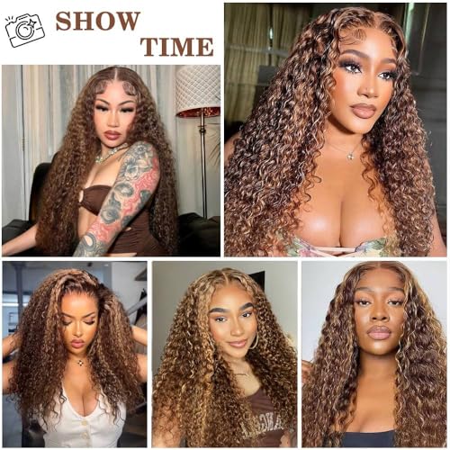 Ombre Highlight Wear and Go Glueless Wigs Human Hair Pre Plucked Pre Cut Deep Wave Lace Front Wigs Human Hair Wigs 4x4 Lace Closure Wigs Human Hair 180% Density Curly Wigs Human Hair Wigs 22 Inch
