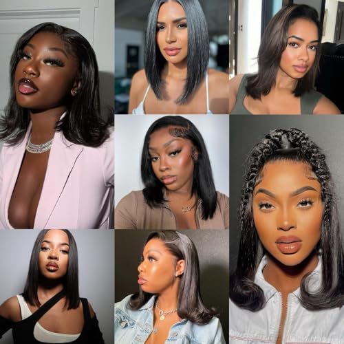 Short Bob Wigs Human Hair 13x6 Straight Bob Lace Front Wig Human Hair 200 Density 16 Inch Transparent Hd Lace Frontal Bob Glueless Wigs Pre Plucked Cut with Baby Hair Natural Black Color for Women