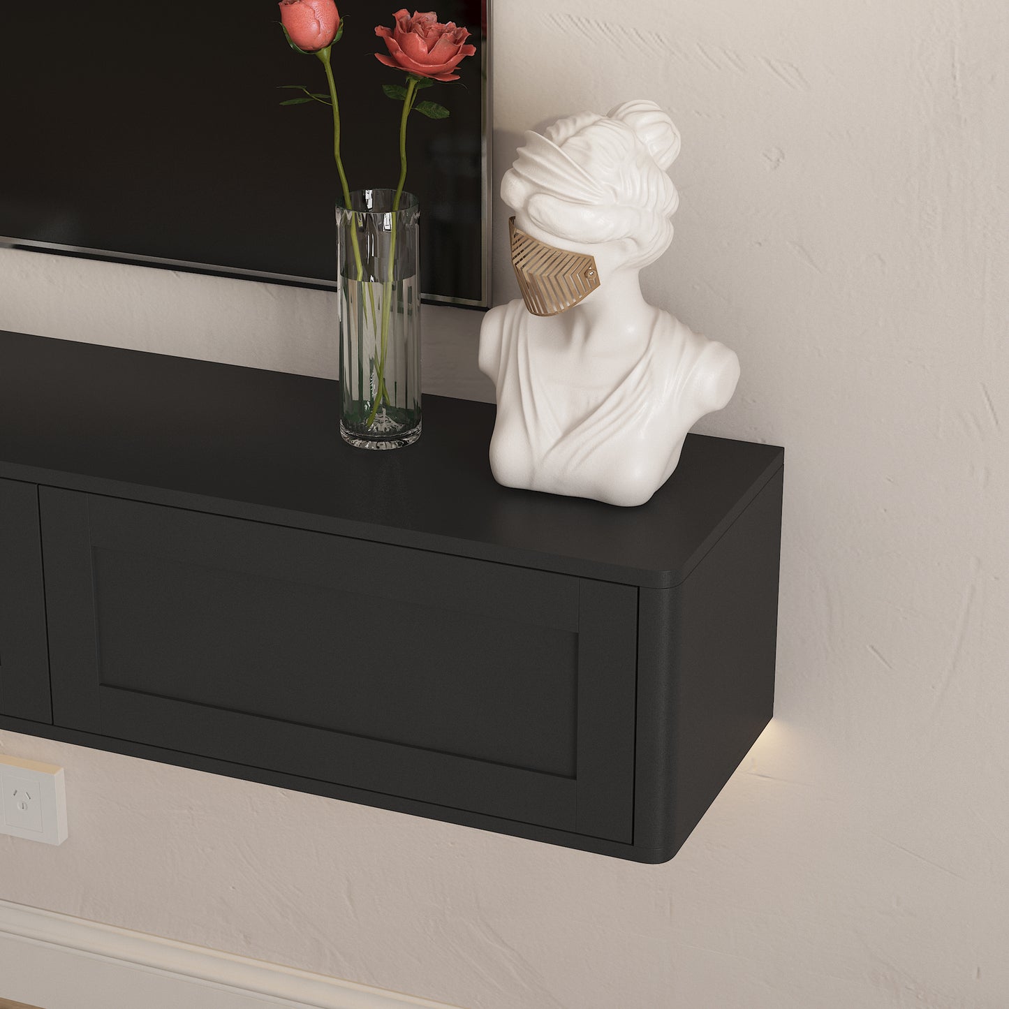 Wall Mounted Floating TV Stand with LED Lights & Power Outlet - Black
