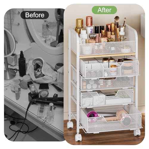 Makeup Cart Organizer with 4 Drawers, Large Floor Skincare Organizers, Vanity Storage Organizer Cosmetics Display Cases for Skin Care Perfume Nail Polish, White (Patent Pending)