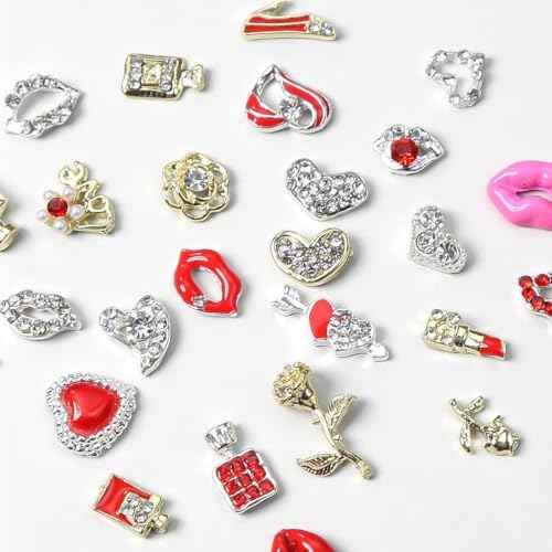 27Pcs Valentine's Day 3D Nail Charms Press ON Nails Heart Nail Rhinestone Decals Lip Mark Shaped Nail Art Valentine Love Lips Beautiful Look for Nail Jewelry Lipstick Rose Alloy Nail Gems Decorations
