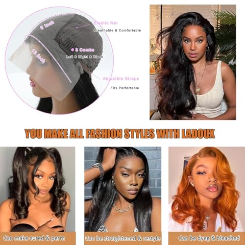 13x6 Lace Front Kinky Straight Wig HD Transparent Yaki Straight Frontal Closure Human Hair Wigs for Women 16Inch 180% Density Glueless Wig Pre Plucked With Baby Hair