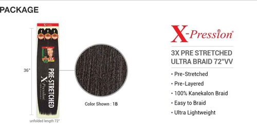 Outre Braids X-Pression Kanekalon 3X Pre Stretched Ultra Braid 72" (5-pack, 1B)