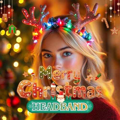 ACEDRE Light Up Merry Christmas Headband Glowing Led Xmas Reindeer Antlers Headpiece Holiday Festive Costume Hair Accessory for Women