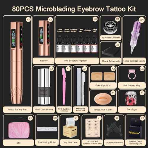 Professional Microblading Tattoo Gun Kit, Wireless Eyebrow Tattoo Pen Machine Kits, Complete Microblading Supplies with 2Pcs 500 mAh Battery, 20Pcs Cartridge Needles for Artists (Rose Gold)