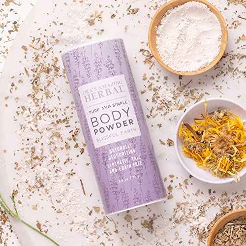 Ora's Amazing Herbal Talc Free Body Powder for Women, Cornstarch Free Talcum Dusting, Grounding Relaxation Scent, Essential Oils Lavender, Vetiver, Clary Sage, Blissful Earth 2.5 oz