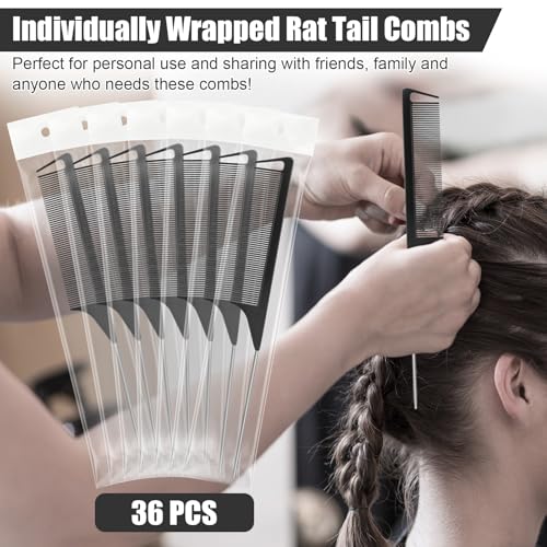 NICEMOVIC 36 Pack Rat Tail Parting Rattail Braiding Combs Bulk for Women, Parting Combs for Braiding Hair, Individually Wrapped Braider Essentials Barber Supplies Accessories Tools (Black)
