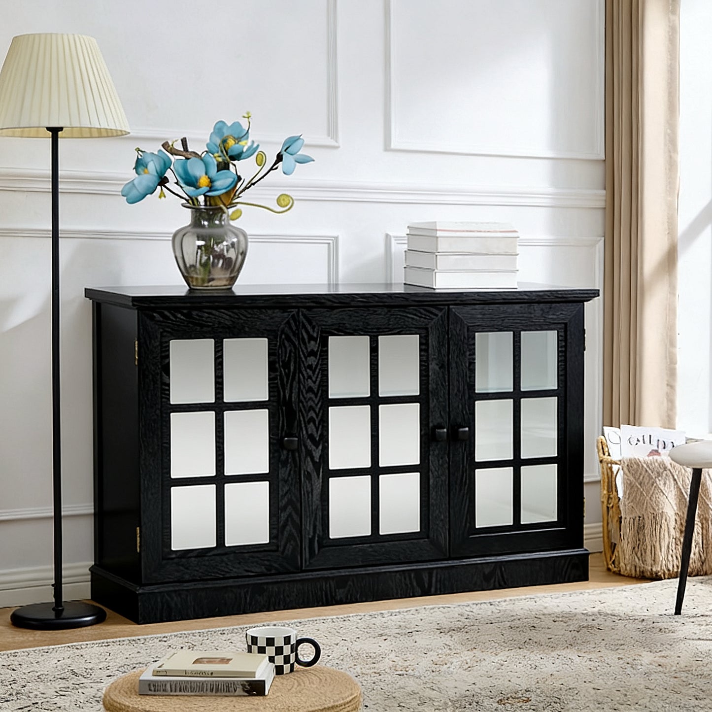 45 W Storage Cabinet With 3 Mirrored Acrylic Doors, Sideboard