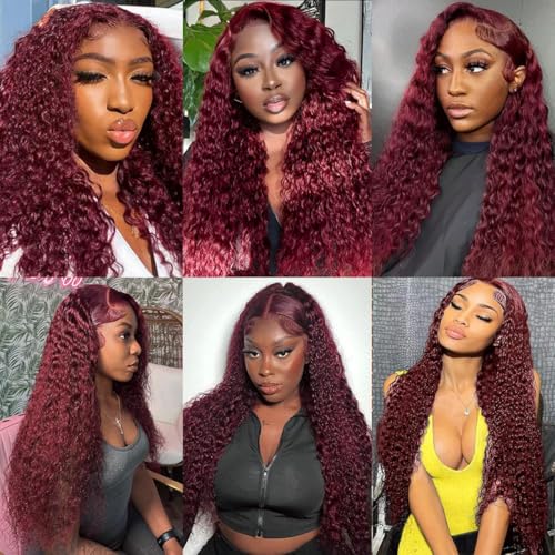 99j Burgundy Lace Front Wigs Human Hair 13x4 Water Wave Lace Front Wigs Pre Plucked 180 Density Red Colored Wigs for Black Women Curly Lace Frontal Wigs with Baby Hair 22 Inch