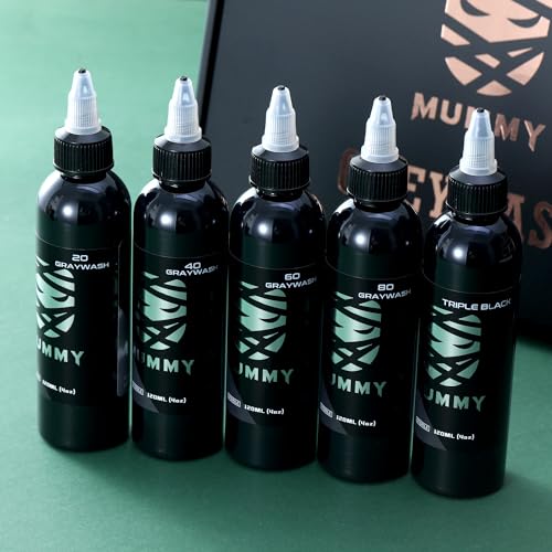 Mummy USA Custom Tattoo Ink Greywash Set,5 Bottles(4oz Each),Evenly Long Lasting Vibrant and Bright, No Irritation(4oz)