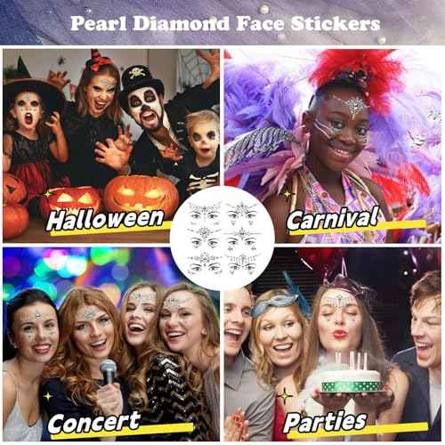 Face Gems 6 Sets Mermaid Face Jewels Festival Pearl Rhinestones Acrylic Crystal Stickers Self Adhesive Face Decoration Jewels for Parties,Carnival,Halloween, Christmas