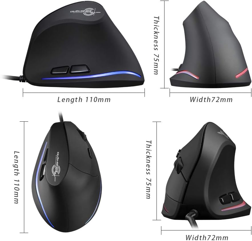 zelotes Vertical Ergonomic Mouse,3200DPI,6 Buttons,LED Illumination,Prevention Against Mouse Arm,USB Optical Wired Mice for Laptop,PC,Mac,Black