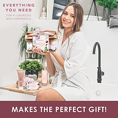 Bath and Body Gift Basket For Women, Cherry Blossom Home Spa Set, Body Lotion, Shower Gel, Extra Large Bath Bomb, Body Butter, Body Scrub, Bath Crystal, Puff & Rose Gold Cosmetic Bag
