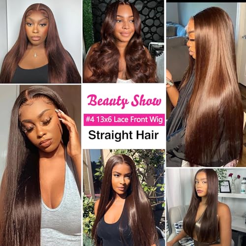 Chocolate Brown Lace Front Wigs Human Hair 13x6 HD Lace Front Human Hair Wigs For Women 250% Density #4 Middle Brown Lace Frontal Wig (16 Inch)