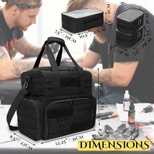 Tactical Tattoo Travel Case with 3 Inner Removable Pouches, Molle System Tattoo Bag for Equipment and Supplies, Tattoo Case with Shoulder Strap for Stencil Printer, Black