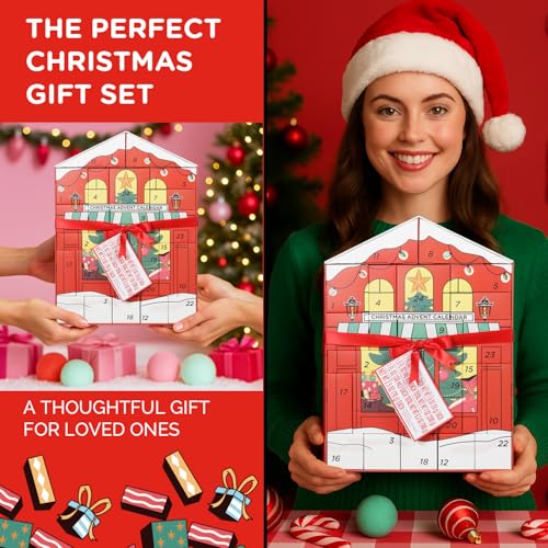 2025 Beauty Advent Calendar for Women, Christmas Countdown Gifts with Bath Bomb Bubble Bath Hand Cream Santa Sock, 24 Day Red Advent Calendar,Spa Christmas Gifts for Daughter Girls