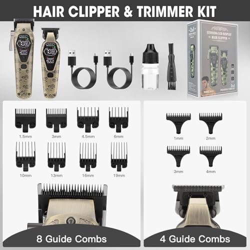 Professional Hair Clipper for Men - Cordless Clippers and Trimmers Set, Heavy-Duty Motor Hair Cutting Kits with LED Display, 7000RPM High-Power Motor, USB Charging, Gifts for Men, Bronze