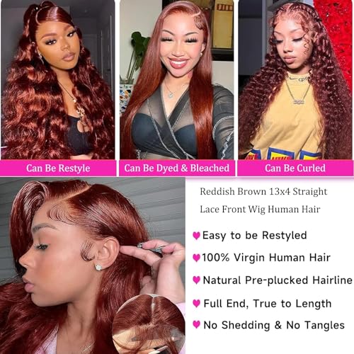 Reddish Brown Lace Front Wigs Human Hair 26inch 180% Density 13x4 Full Frontal Transparent Hd Lace Straight Lace Front Wig Human Hair Reddish Brown Colored Wigs For Black Women Frontal Wig Human Hair