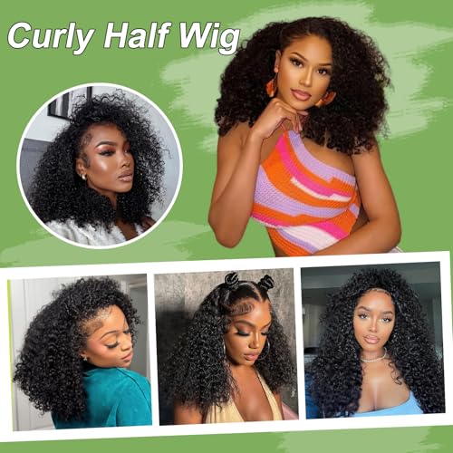 Kinky Curly Half Wig Human Hair 200 Density 3 In 1 Seamless Flip Over Half Wig 20 Inch Drawstring Headband Wig Human Hair Glueless Wear and Go Beginner Friendly Curly Human Hair Wigs for Women