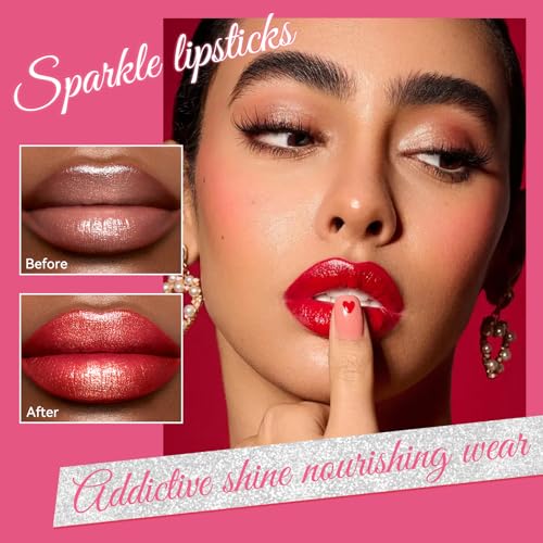 Glitter Lipstick Set,6PCS Shine Lip Sticks for Women Girls, Moisturizing and Nourishing Formula,Long Lasting,Waterproof,High Pigmented Lip Balm,Perfect Gifts