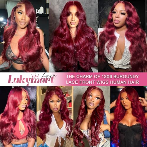 99j Burgundy Body Wave Lace Front Wigs Human Hair 13x6 HD Transparent Lace 180% Density Wine Red Colored 22 Inch