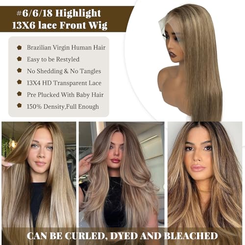 Belaved 6T6P18 13x4 Ombre Lace Front Wigs Human Hair for Women Ash Brown to Blonde Highlights HD Straight Lace Frontal Wig Human Hair 16 Inch 150% Density Pre Plucked Bleached Knots Glueless