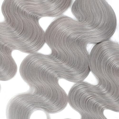 Grey 2 Bundles Human Hair Body Wave, 12A Soft and Thick 100% Unprocessed Remy Hair Lavender Silver Gray Human Hair Sew In Quick Weave Bundles Short Wavy Sew In Extension (14/14 Inch, 2PC)