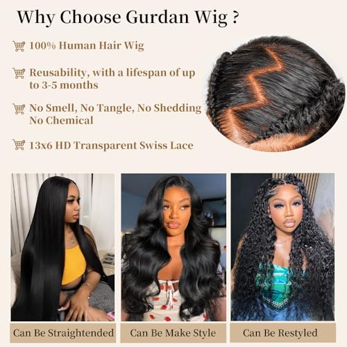 13x6 Body Wave Lace Front Wigs Human Hair Pre Plucked Real Human Hair Wigs 200 Density HD Transparent Lace Frontal Wigs Natural Black Glueless Wig 24 Inch
