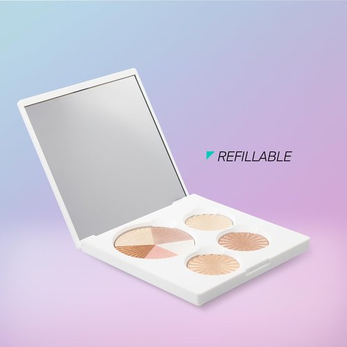 Highlighter Palette Face Makeup | Glow Up - 8 Shades in 4 Pans | Pearl Shimmer Liquid-To-Baked Powder Highlighter | Refillable Pan & Integrated Mirror | Cruelty-Free Beauty Essential |