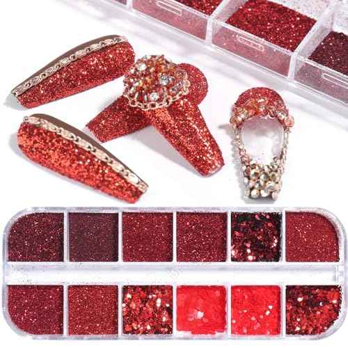12Grid Red Nail Glitter Holographic Powder for Christmas, Winter & Festival Nail Designs - DIY Manicure Decoration